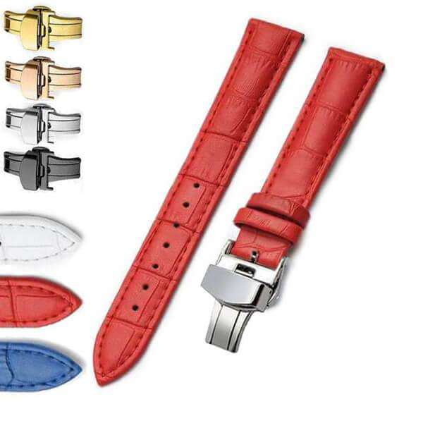 Red white store blue strap watch